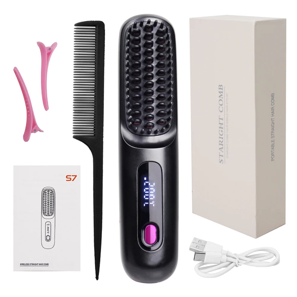 Cordless Hair Style Brush Anti-Scald and Anti-Frizz Straightening Comb Hair Straightener Brush with 3 Temp Settings