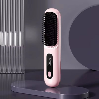 Escova alisadora sem fios anti-frizz e anti-queimaduras com 3 definições de temperatura.