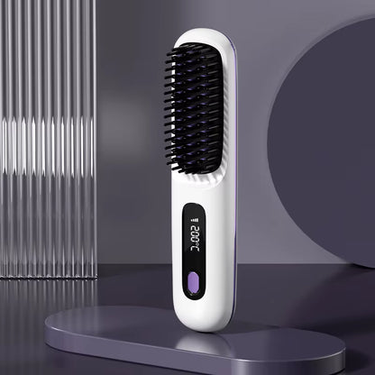 Escova alisadora sem fios anti-frizz e anti-queimaduras com 3 definições de temperatura.