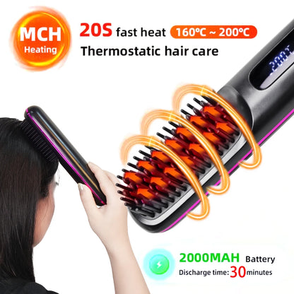 Escova alisadora sem fios anti-frizz e anti-queimaduras com 3 definições de temperatura.
